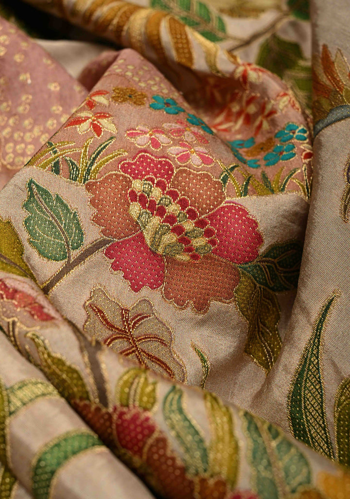 Vegan Soft Silk Saree with Floral Brocade and Crane Motifs in Light Brown with Scallop Border  No Blouse Piece