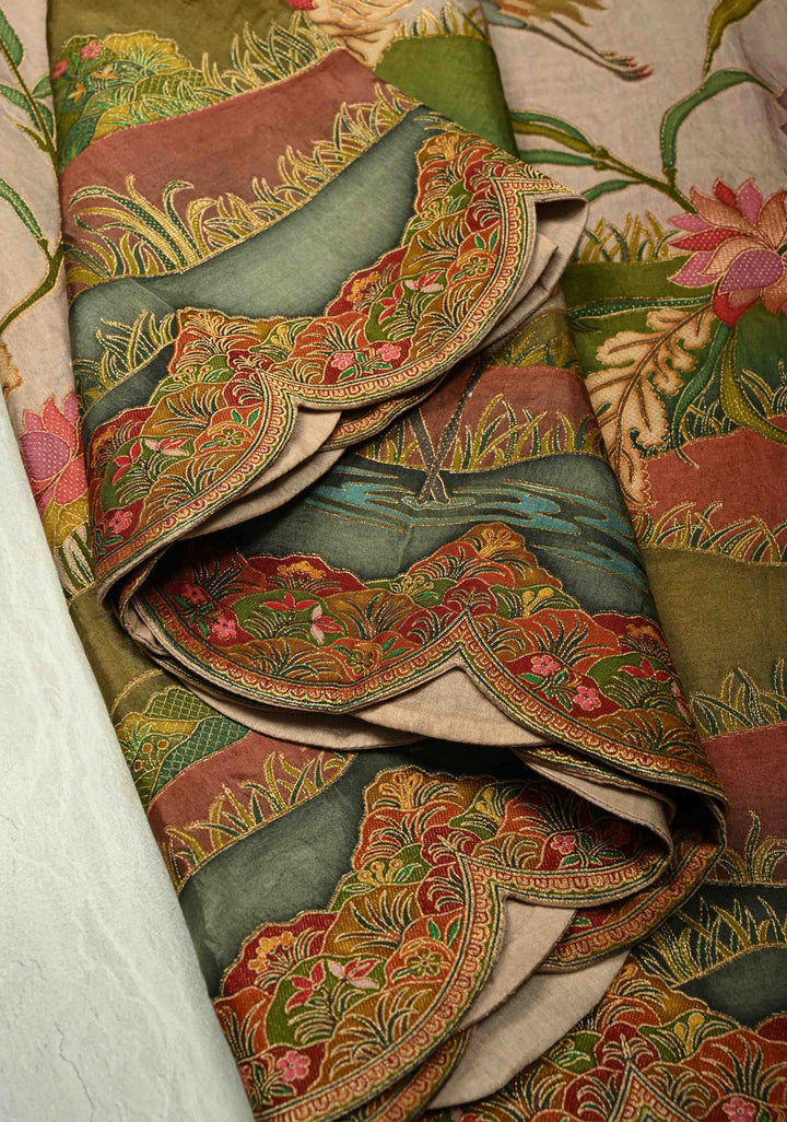 Vegan Soft Silk Saree with Floral Brocade and Crane Motifs in Light Brown with Scallop Border  No Blouse Piece