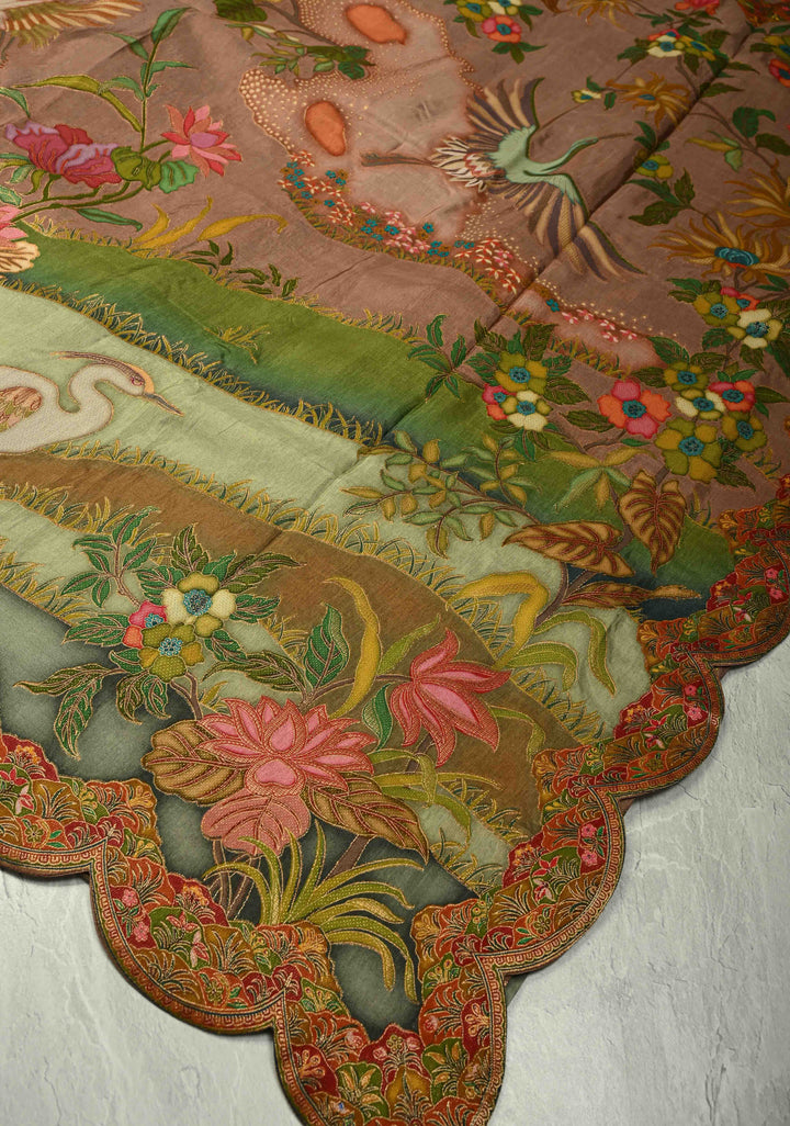 Vegan Soft Silk Saree with Floral Brocade and Crane Motifs in Dusty Rose with Scallop border