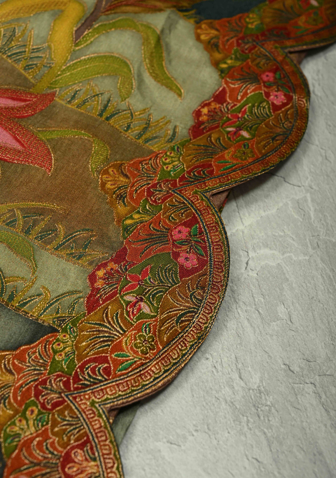 Vegan Soft Silk Saree with Floral Brocade and Crane Motifs in Dusty Rose with Scallop border