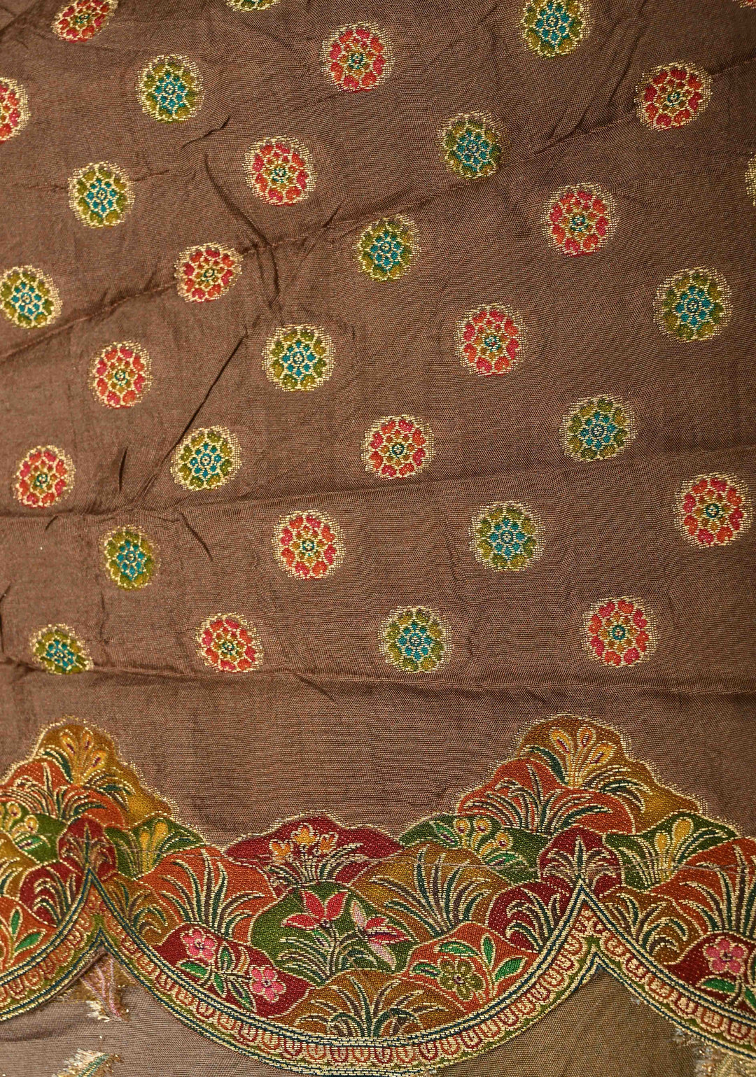 Vegan Soft Silk Saree with Floral Brocade and Crane Motifs in Dusty Rose with Scallop border