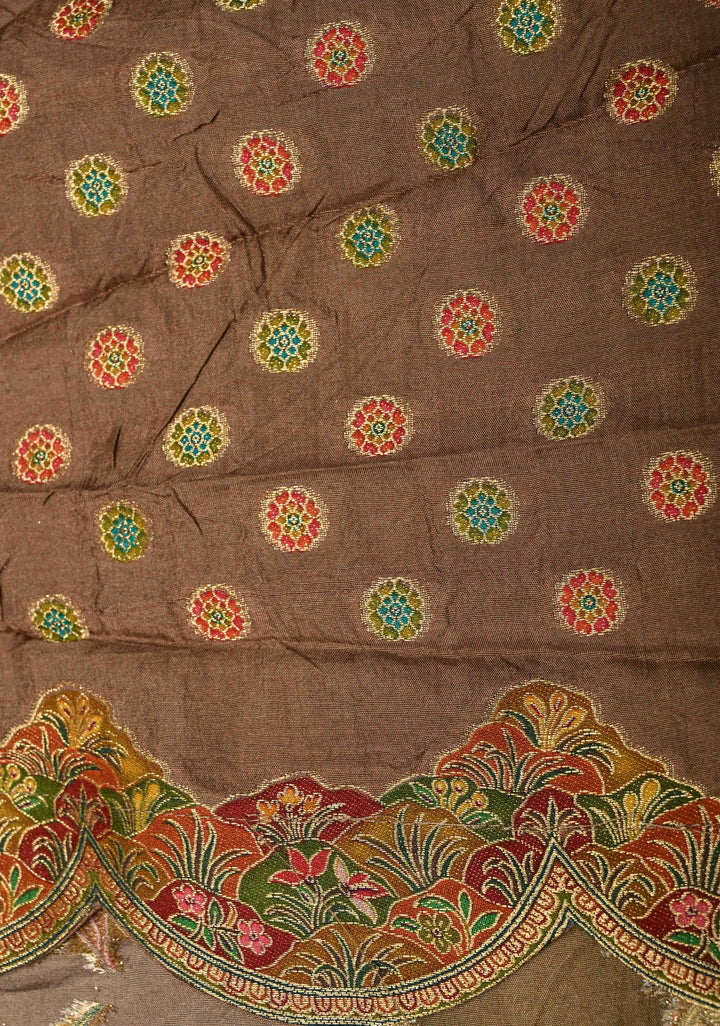 Vegan Soft Silk Saree with Floral Brocade and Crane Motifs in Dusty Rose with Scallop border