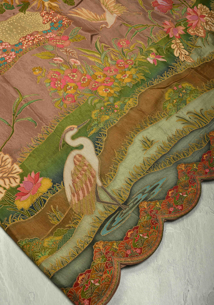 Vegan Soft Silk Saree with Floral Brocade and Crane Motifs in Dusty Rose with Scallop border