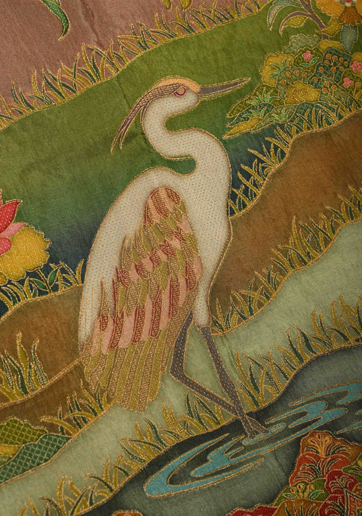 Vegan Soft Silk Saree with Floral Brocade and Crane Motifs in Dusty Rose with Scallop border