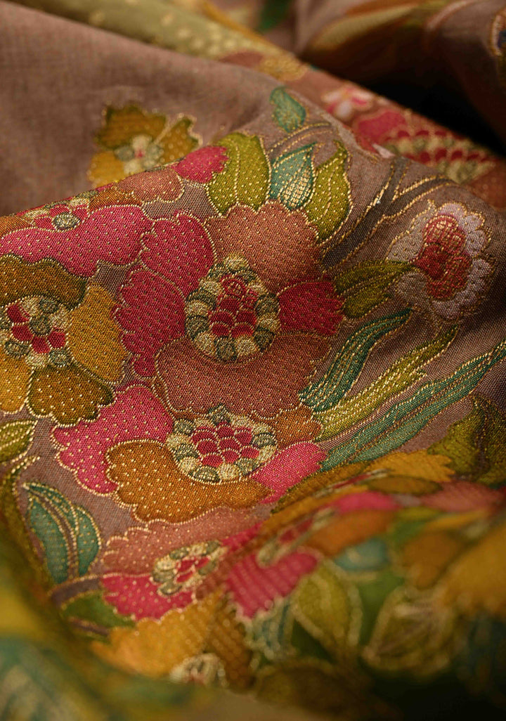 Vegan Soft Silk Saree with Floral Brocade and Crane Motifs in Dusty Rose with Scallop border