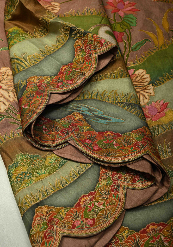 Vegan Soft Silk Saree with Floral Brocade and Crane Motifs in Dusty Rose with Scallop border