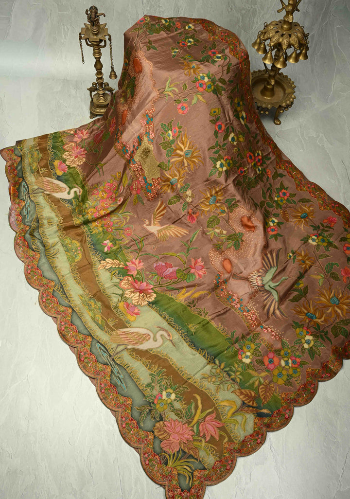 Vegan Soft Silk Saree with Floral Brocade and Crane Motifs in Dusty Rose with Scallop border