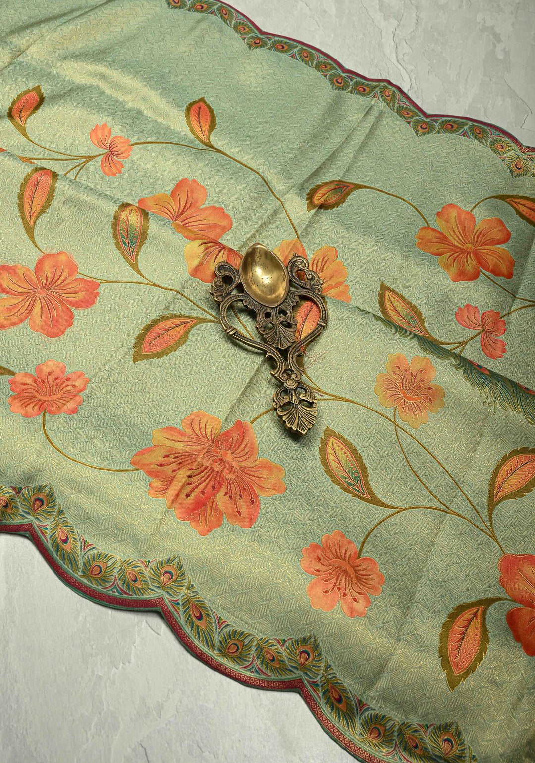 Vegan Silk Saree in Mint Green with Floral Jaal and Scallop Border