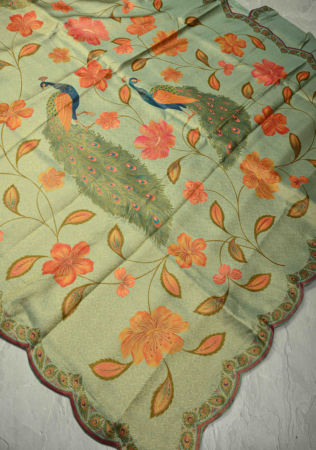 Vegan Silk Saree in Mint Green with Floral Jaal and Scallop Border