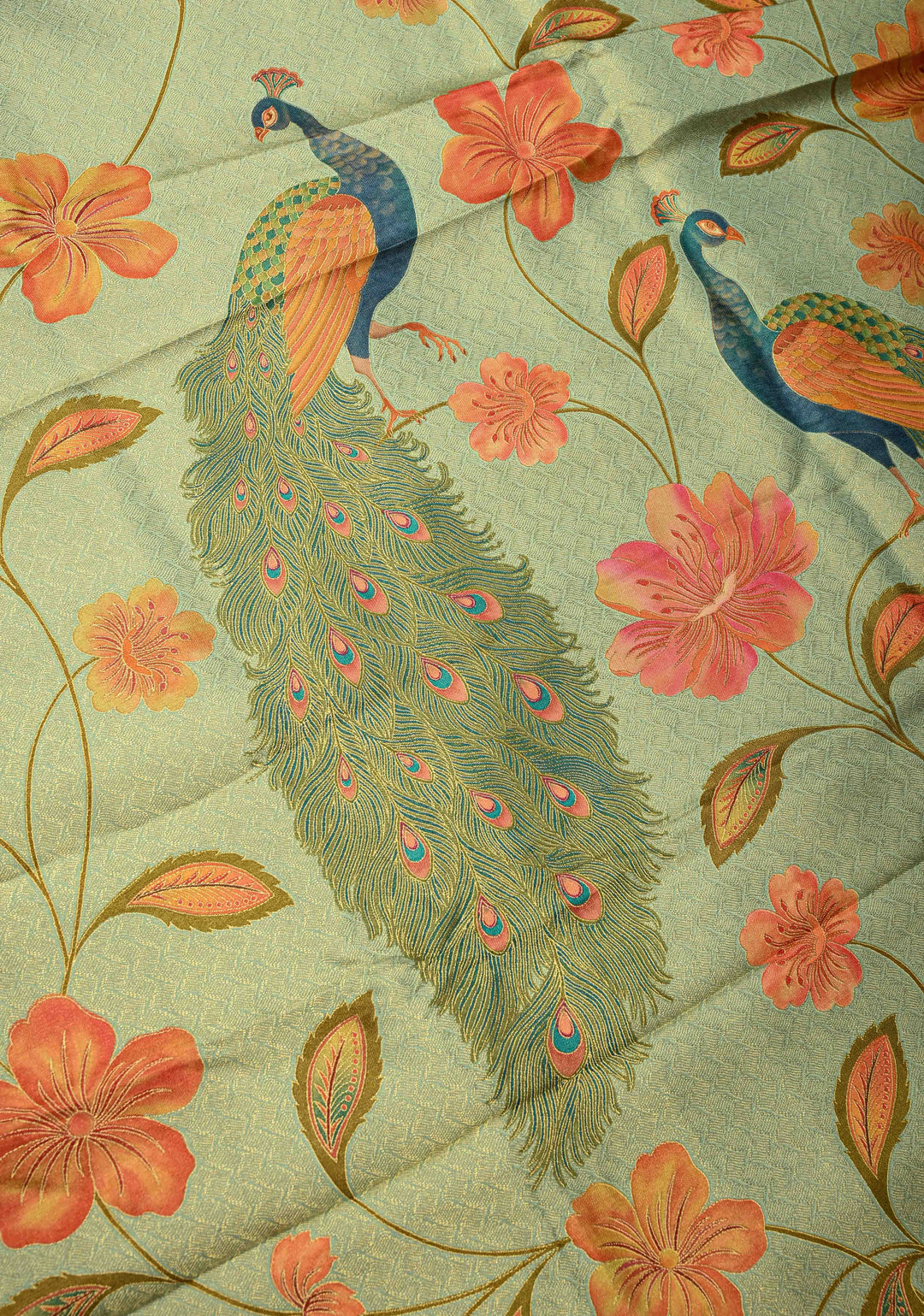 Vegan Silk Saree in Mint Green with Floral Jaal and Scallop Border