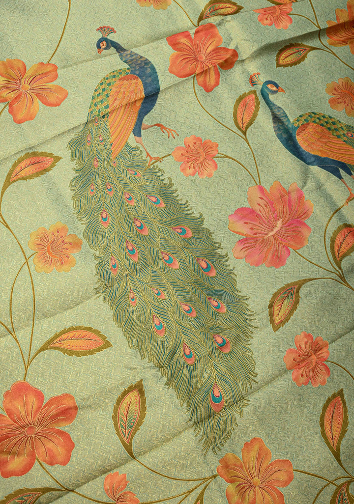 Vegan Silk Saree in Mint Green with Floral Jaal and Scallop Border