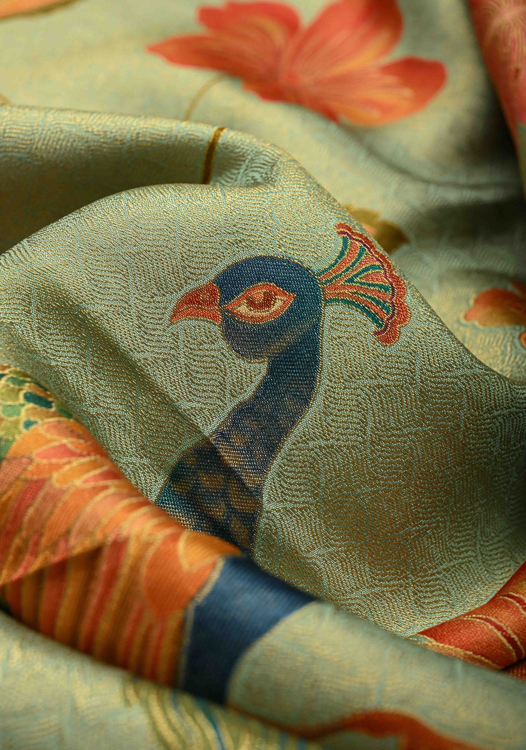 Vegan Silk Saree in Mint Green with Floral Jaal and Scallop Border