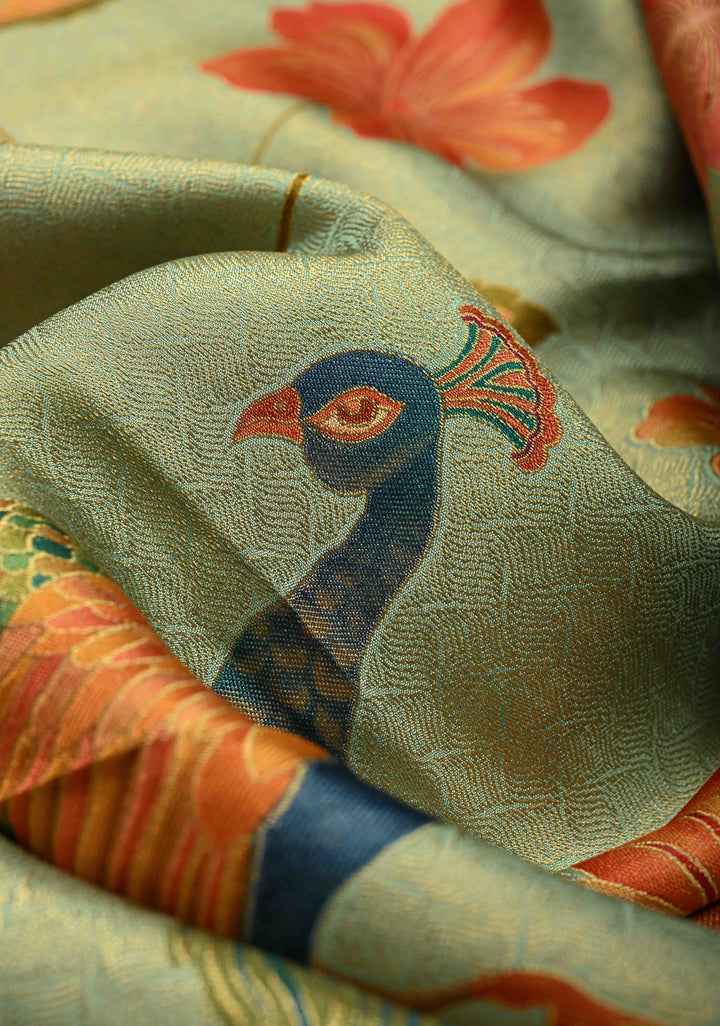 Vegan Silk Saree in Mint Green with Floral Jaal and Scallop Border