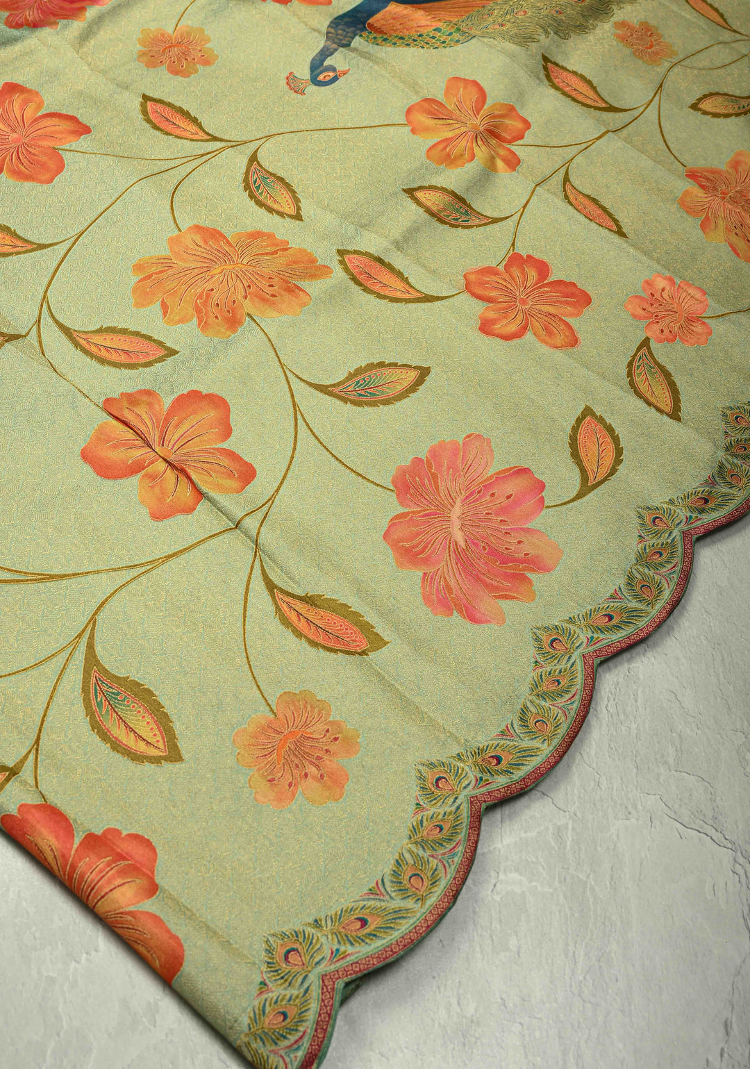 Vegan Silk Saree in Mint Green with Floral Jaal and Scallop Border