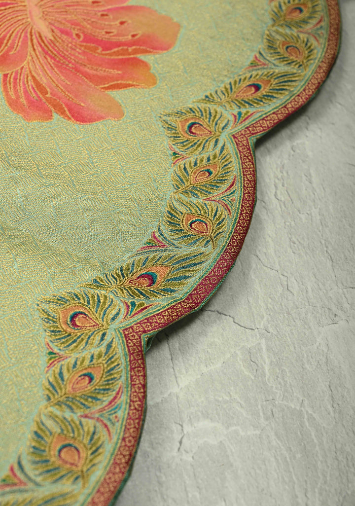 Vegan Silk Saree in Mint Green with Floral Jaal and Scallop Border