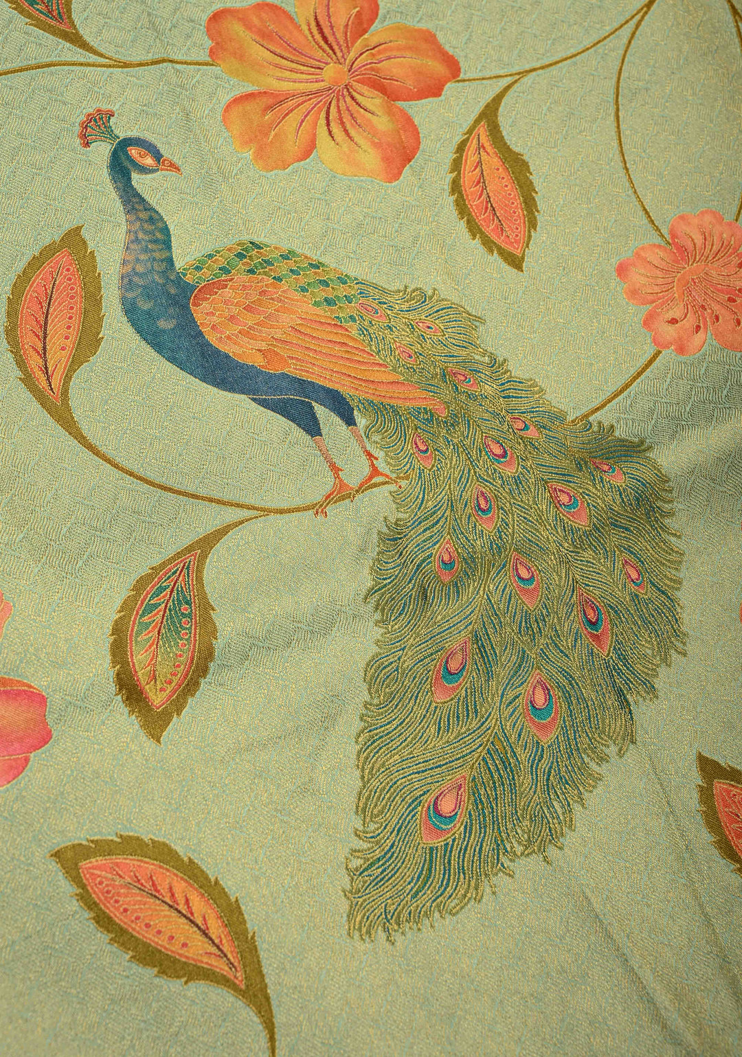 Vegan Silk Saree in Mint Green with Floral Jaal and Scallop Border