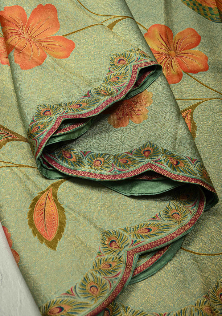 Vegan Silk Saree in Mint Green with Floral Jaal and Scallop Border
