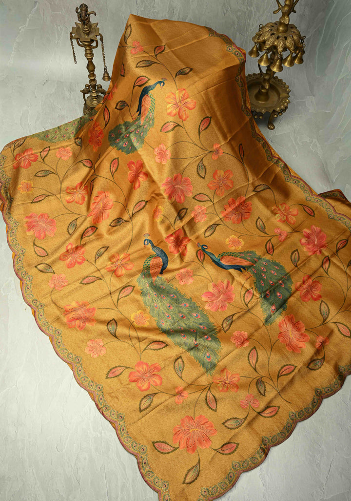 Mustard Yellow Vegan Soft Silk Saree with Floral-Peacock Design and Scallop Border