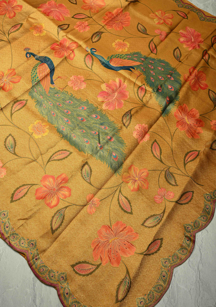 Mustard Yellow Vegan Soft Silk Saree with Floral-Peacock Design and Scallop Border