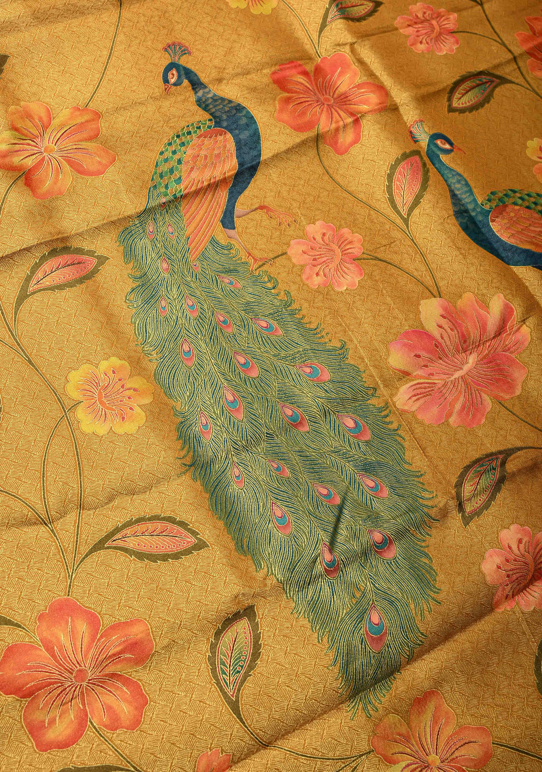 Mustard Yellow Vegan Soft Silk Saree with Floral-Peacock Design and Scallop Border
