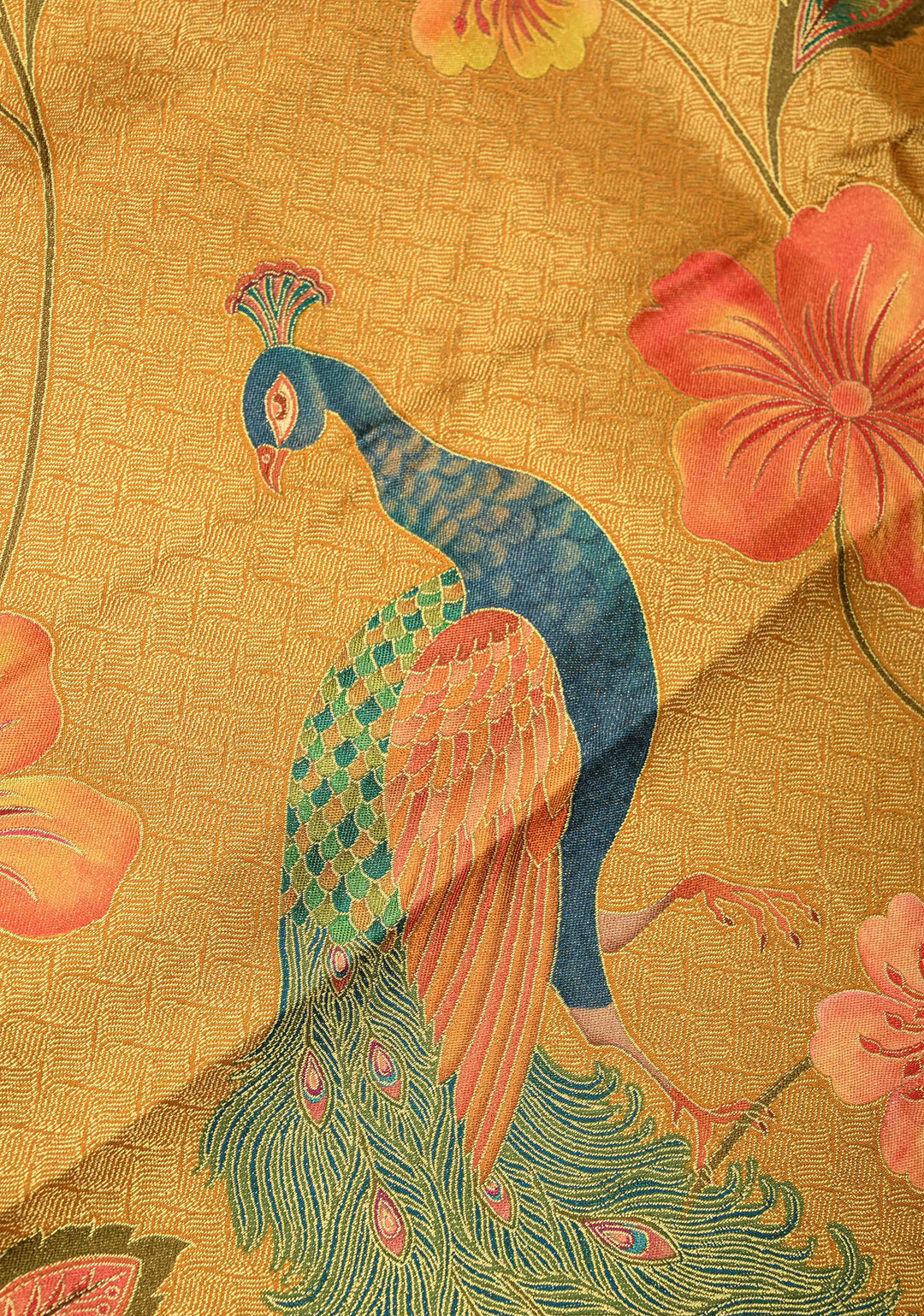 Mustard Yellow Vegan Soft Silk Saree with Floral-Peacock Design and Scallop Border