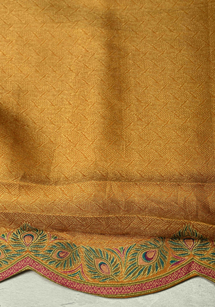 Mustard Yellow Vegan Soft Silk Saree with Floral-Peacock Design and Scallop Border