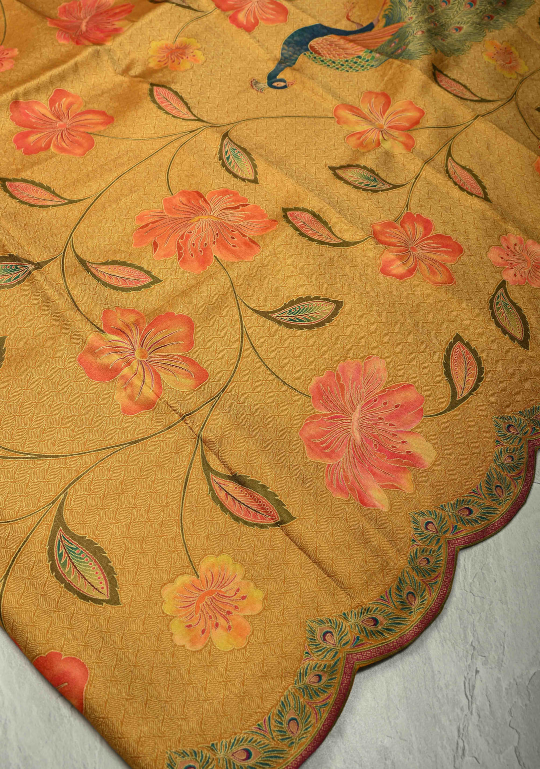 Mustard Yellow Vegan Soft Silk Saree with Floral-Peacock Design and Scallop Border
