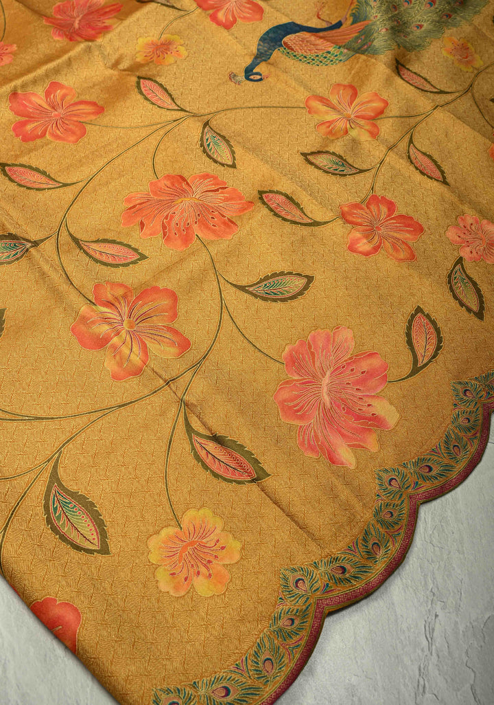 Mustard Yellow Vegan Soft Silk Saree with Floral-Peacock Design and Scallop Border