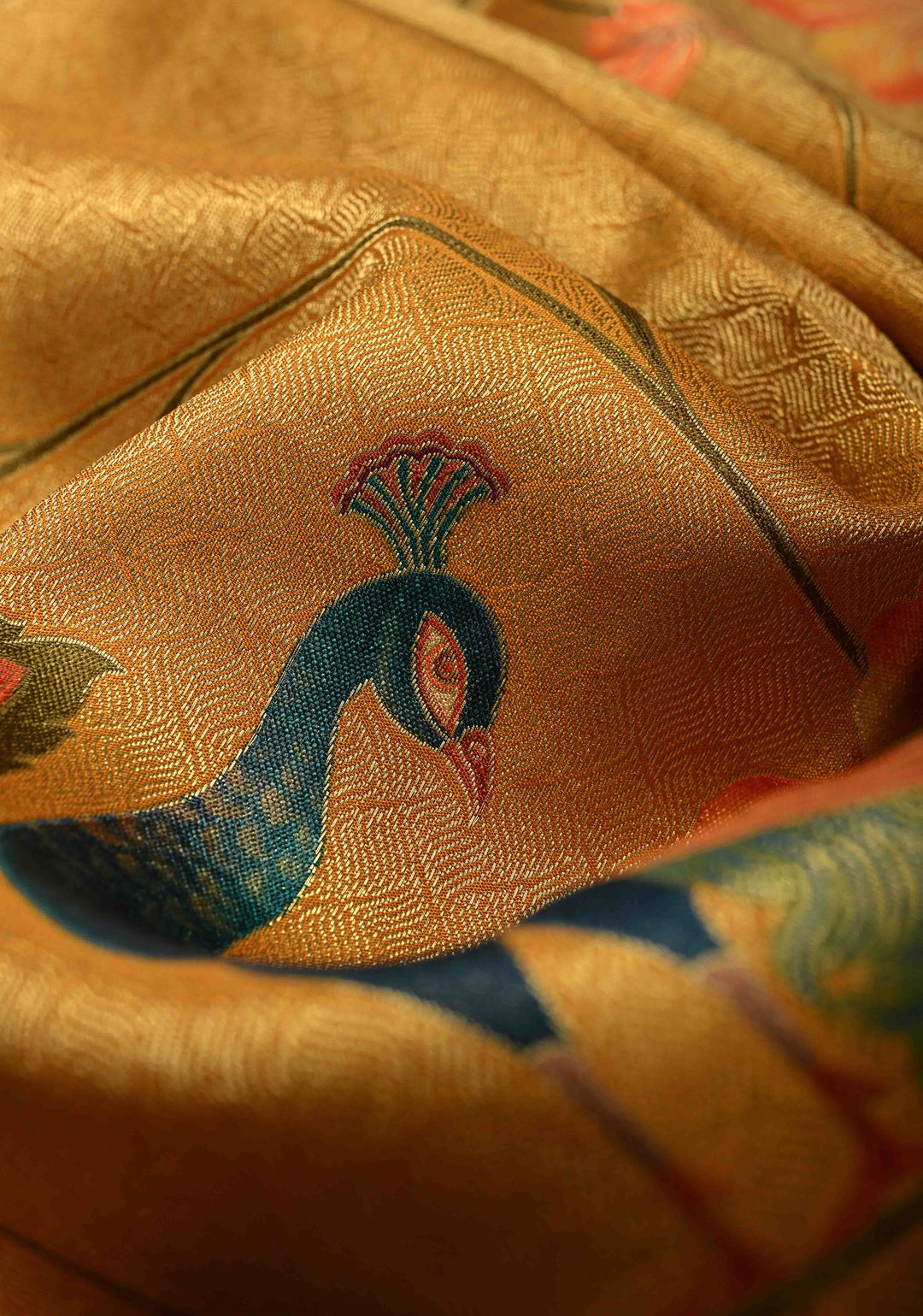 Mustard Yellow Vegan Soft Silk Saree with Floral-Peacock Design and Scallop Border