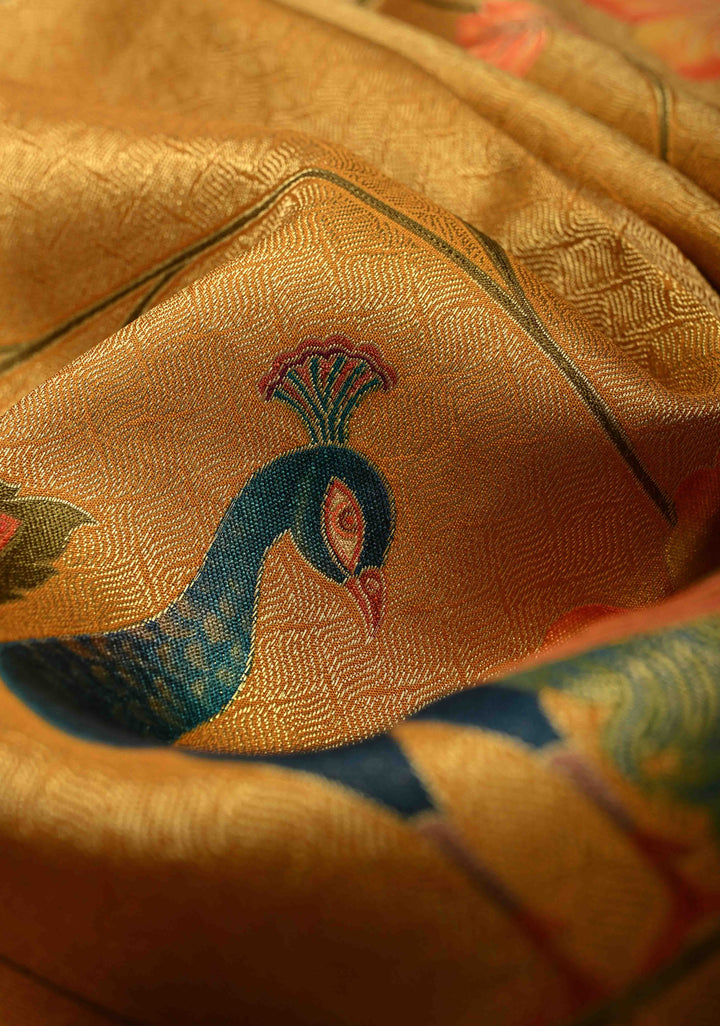 Mustard Yellow Vegan Soft Silk Saree with Floral-Peacock Design and Scallop Border