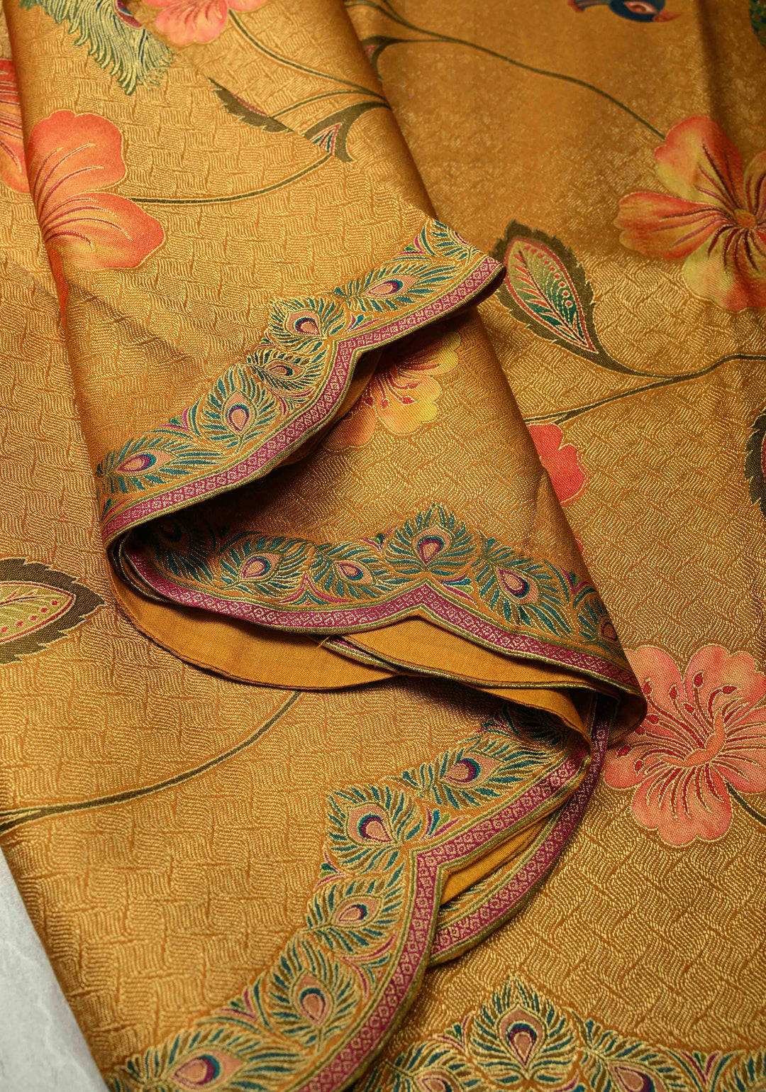 Mustard Yellow Vegan Soft Silk Saree with Floral-Peacock Design and Scallop Border