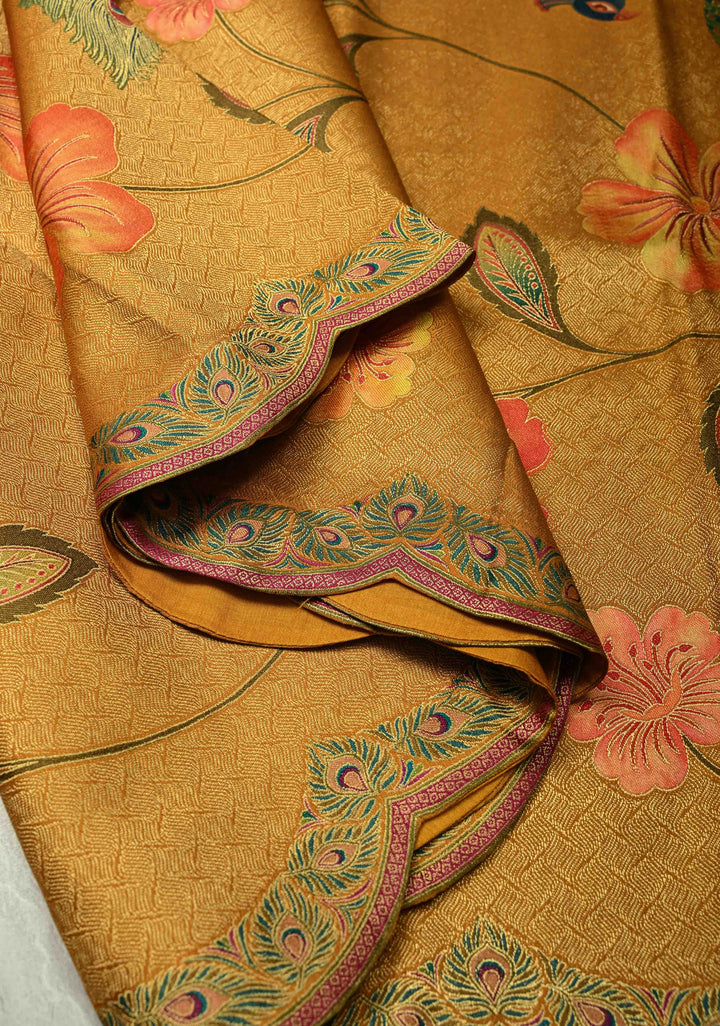 Mustard Yellow Vegan Soft Silk Saree with Floral-Peacock Design and Scallop Border