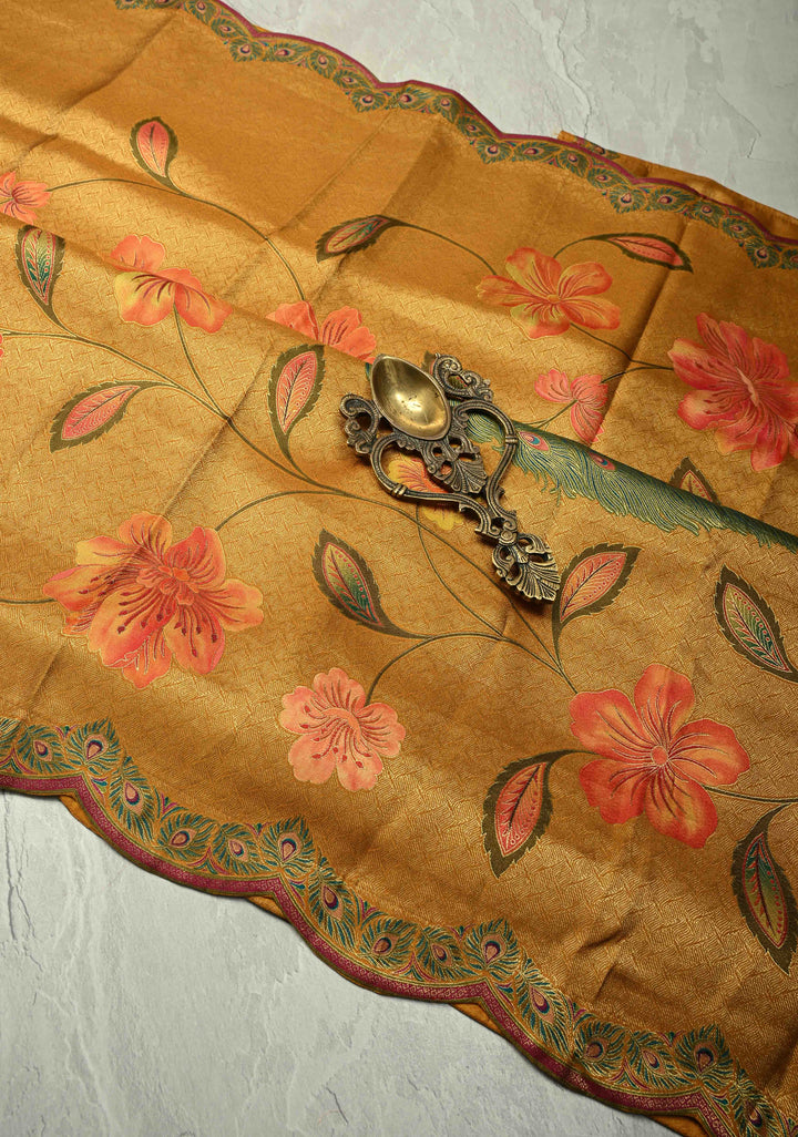 Mustard Yellow Vegan Soft Silk Saree with Floral-Peacock Design and Scallop Border