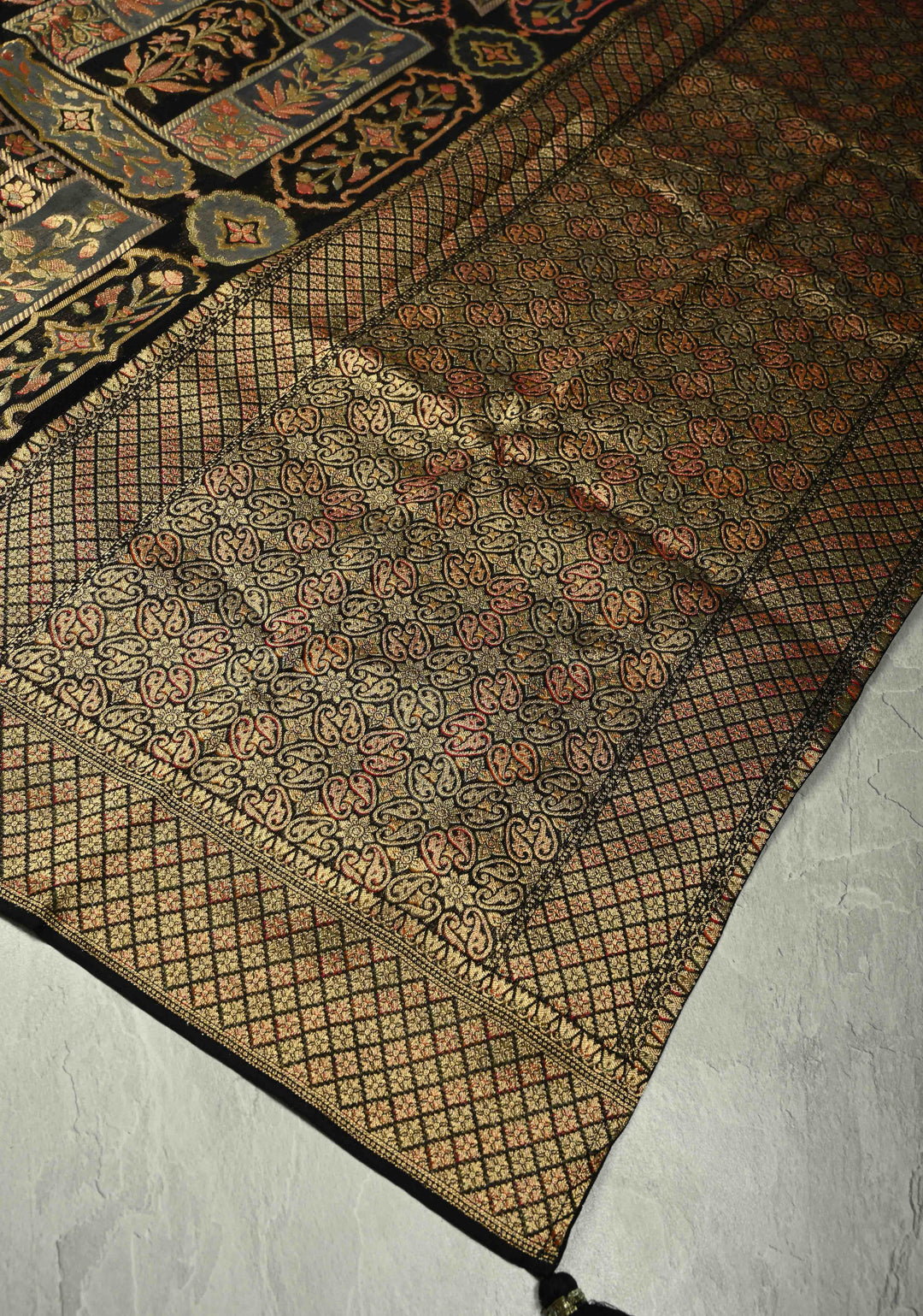 Vegan Georgette Floral Brocade Silk Saree in Black with zari border