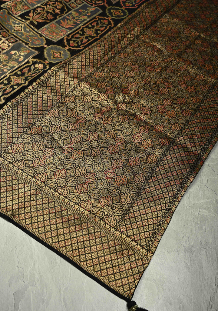 Vegan Georgette Floral Brocade Silk Saree in Black with zari border