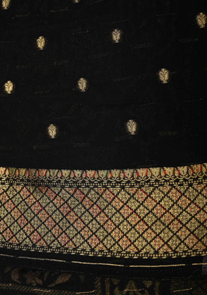 Vegan Georgette Floral Brocade Silk Saree in Black with zari border