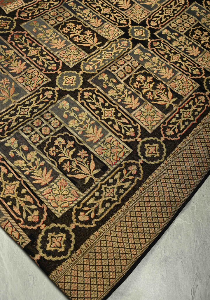 Vegan Georgette Floral Brocade Silk Saree in Black with zari border