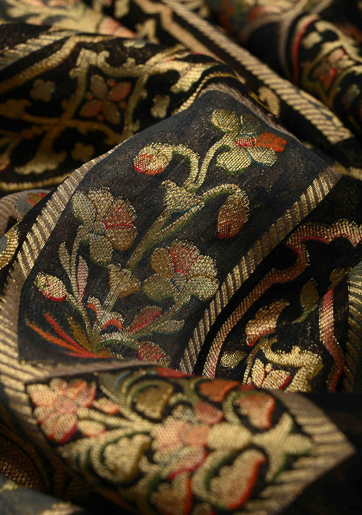 Vegan Georgette Floral Brocade Silk Saree in Black with zari border