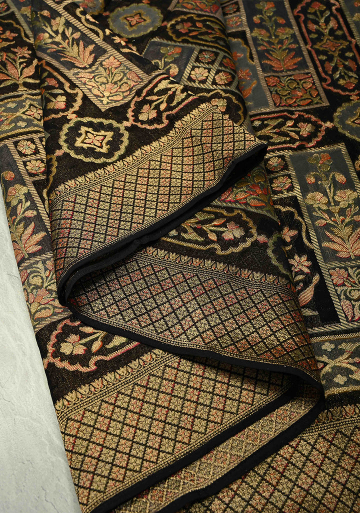 Vegan Georgette Floral Brocade Silk Saree in Black with zari border