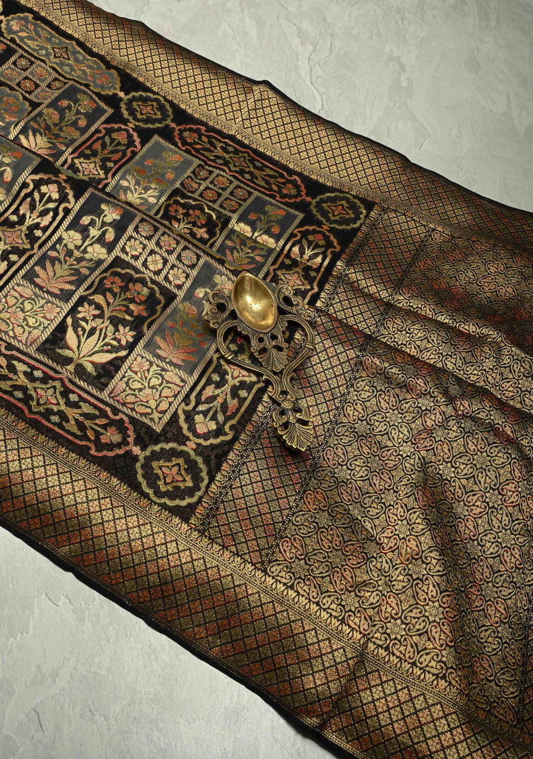 Vegan Georgette Floral Brocade Silk Saree in Black with zari border