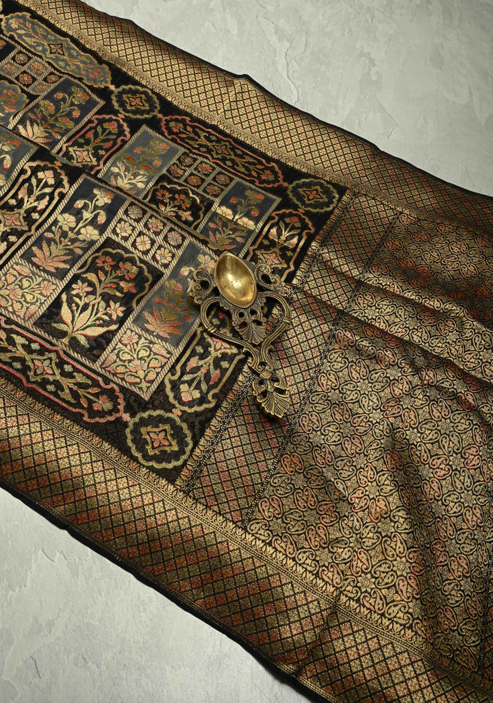 Vegan Georgette Floral Brocade Silk Saree in Black with zari border