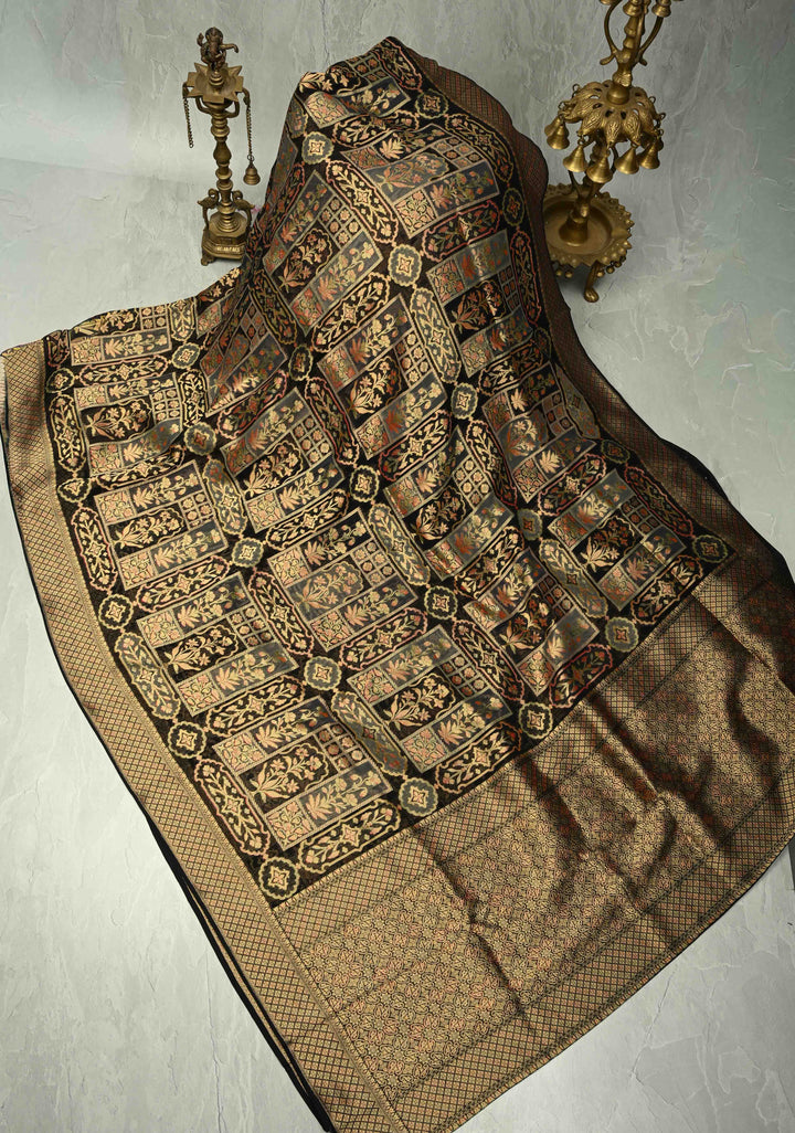 Vegan Georgette Floral Brocade Silk Saree in Black with zari border