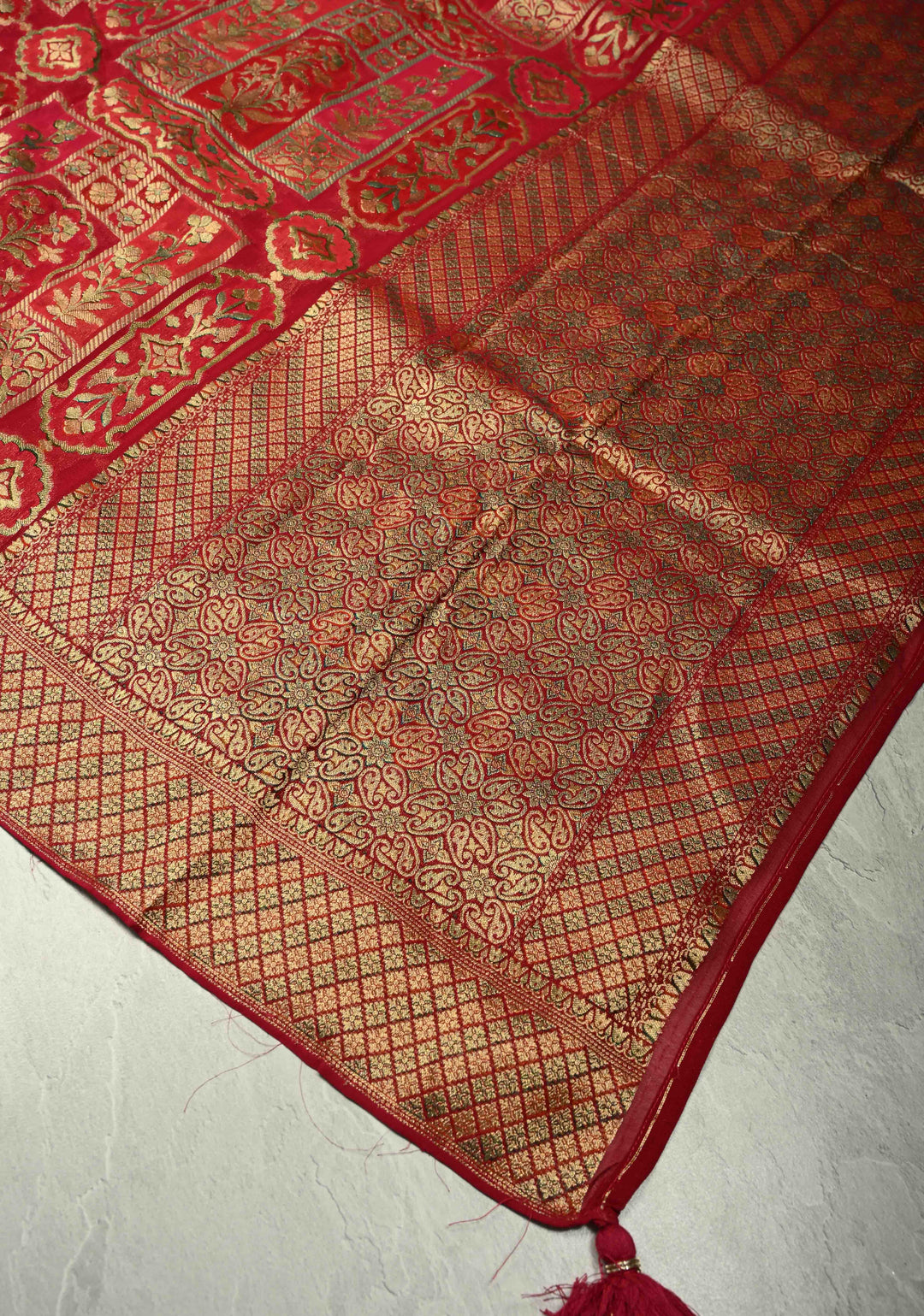 Vegan Georgette Floral Brocade Silk Saree in Vermiliion Red-Pink and Zari Border