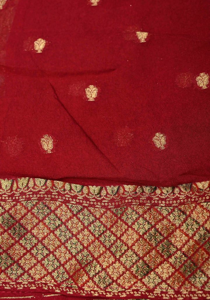 Vegan Georgette Floral Brocade Silk Saree in Vermiliion Red-Pink and Zari Border