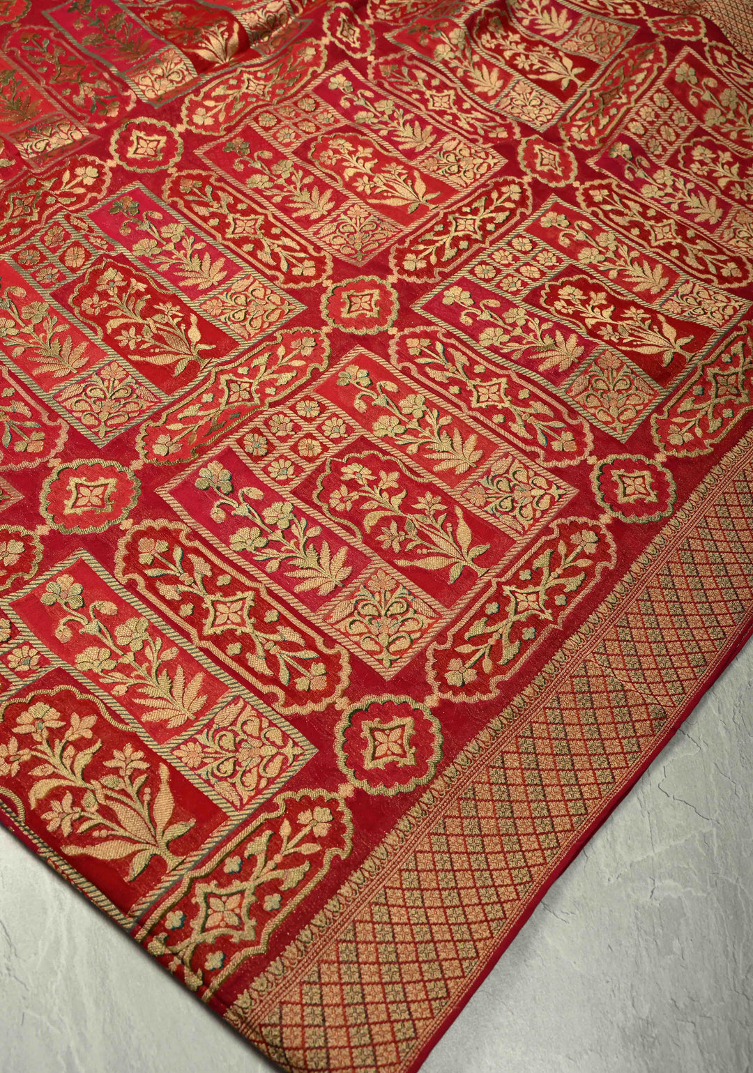 Vegan Georgette Floral Brocade Silk Saree in Vermiliion Red-Pink and Zari Border