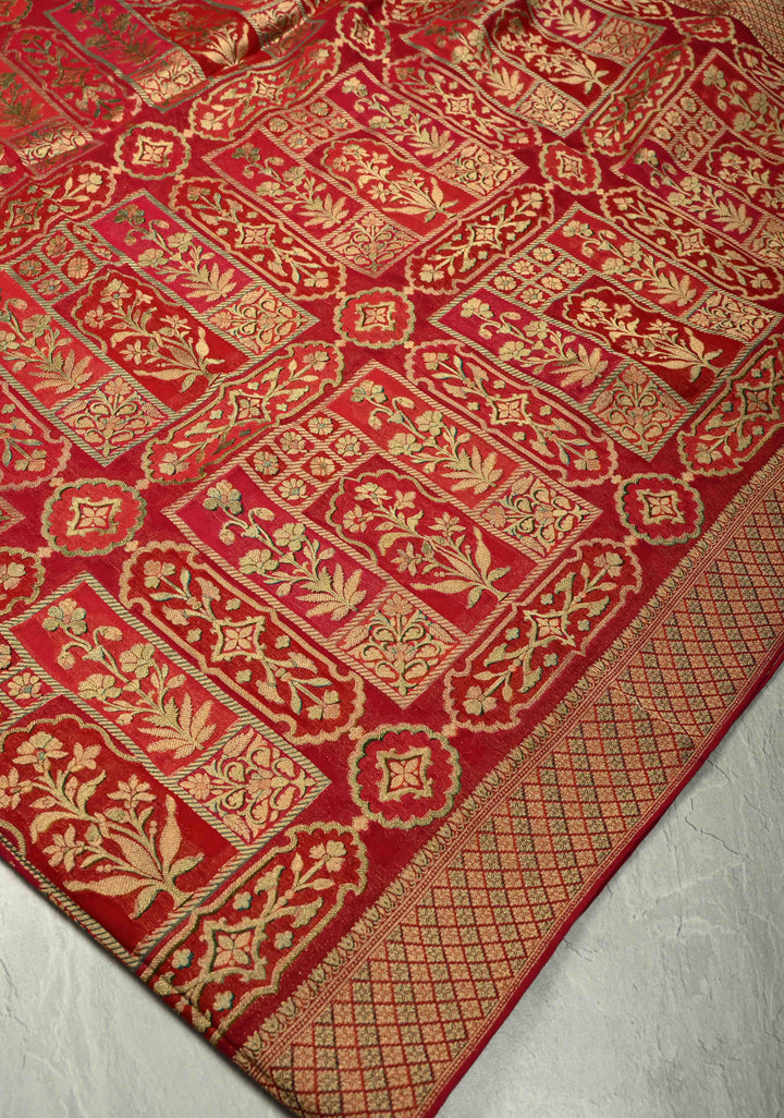 Vegan Georgette Floral Brocade Silk Saree in Vermiliion Red-Pink and Zari Border