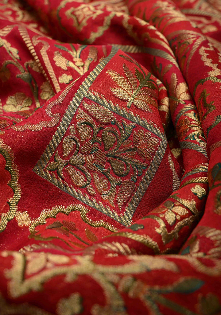 Vegan Georgette Floral Brocade Silk Saree in Vermiliion Red-Pink and Zari Border