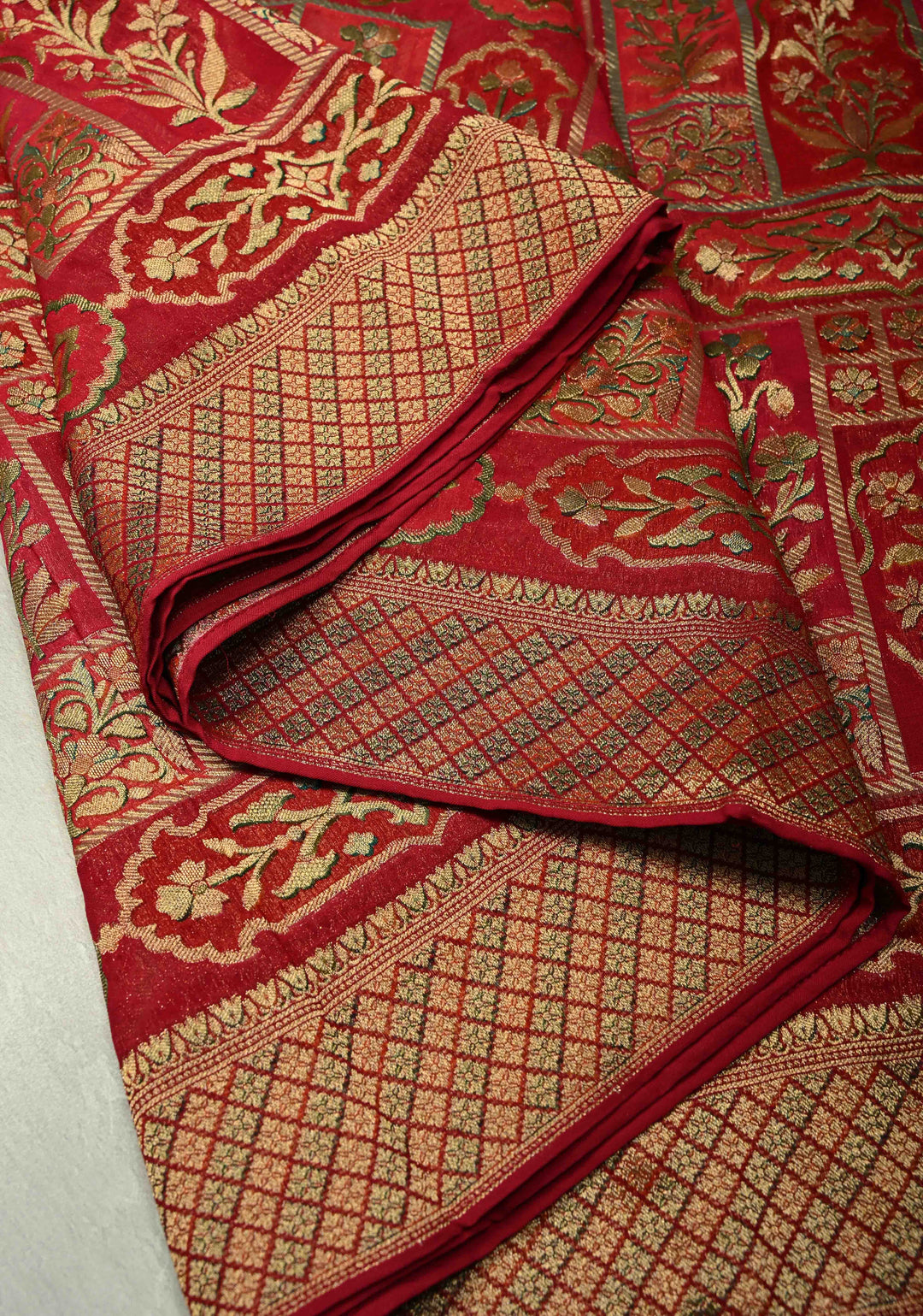 Vegan Georgette Floral Brocade Silk Saree in Vermiliion Red-Pink and Zari Border