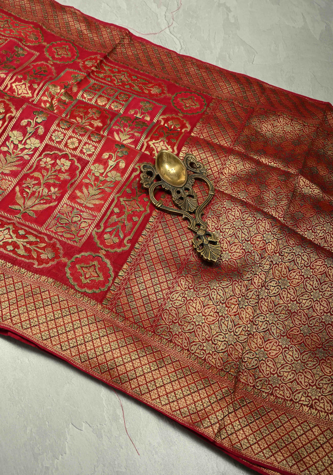 Vegan Georgette Floral Brocade Silk Saree in Vermiliion Red-Pink and Zari Border