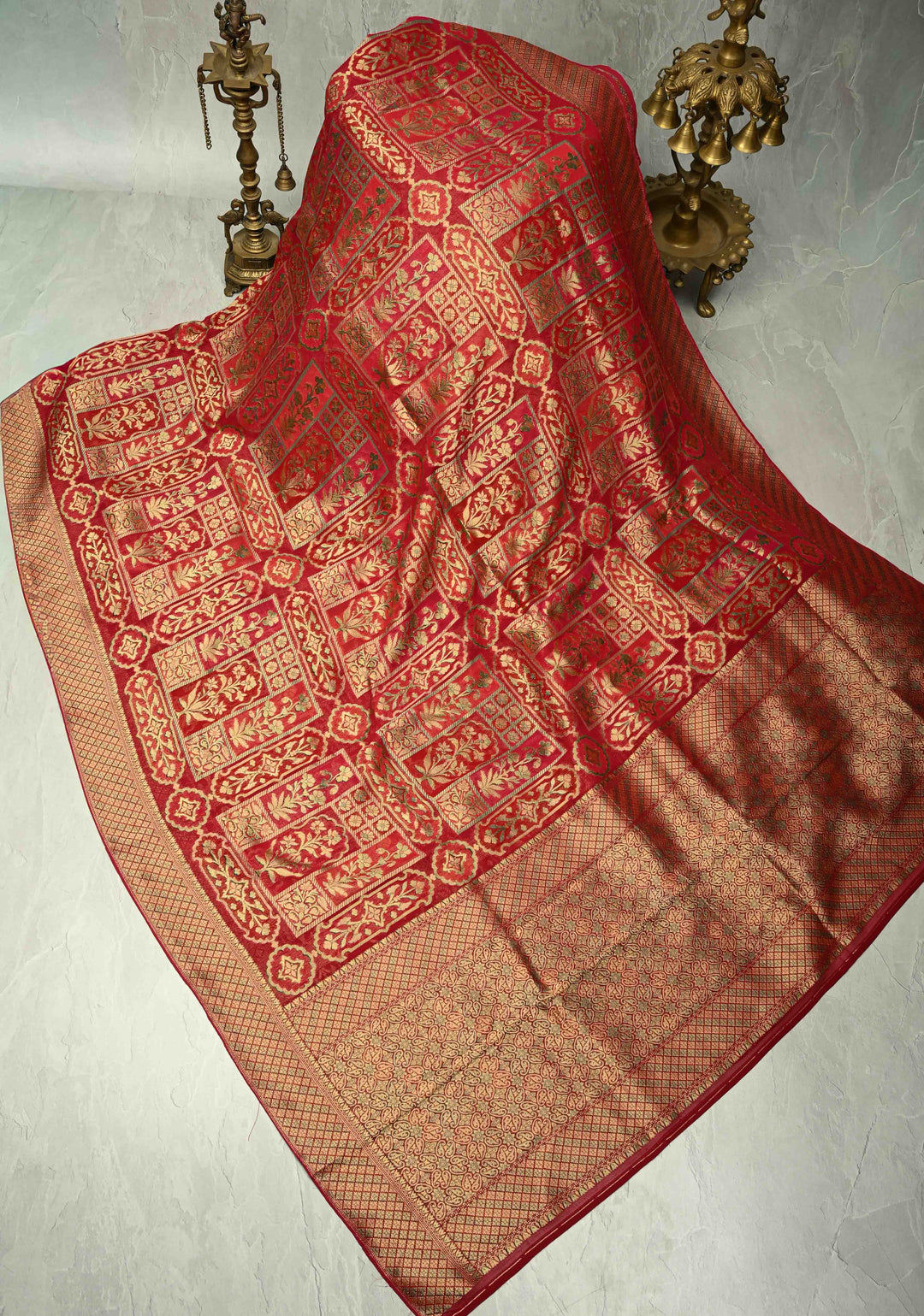 Vegan Georgette Floral Brocade Silk Saree in Vermiliion Red-Pink and Zari Border